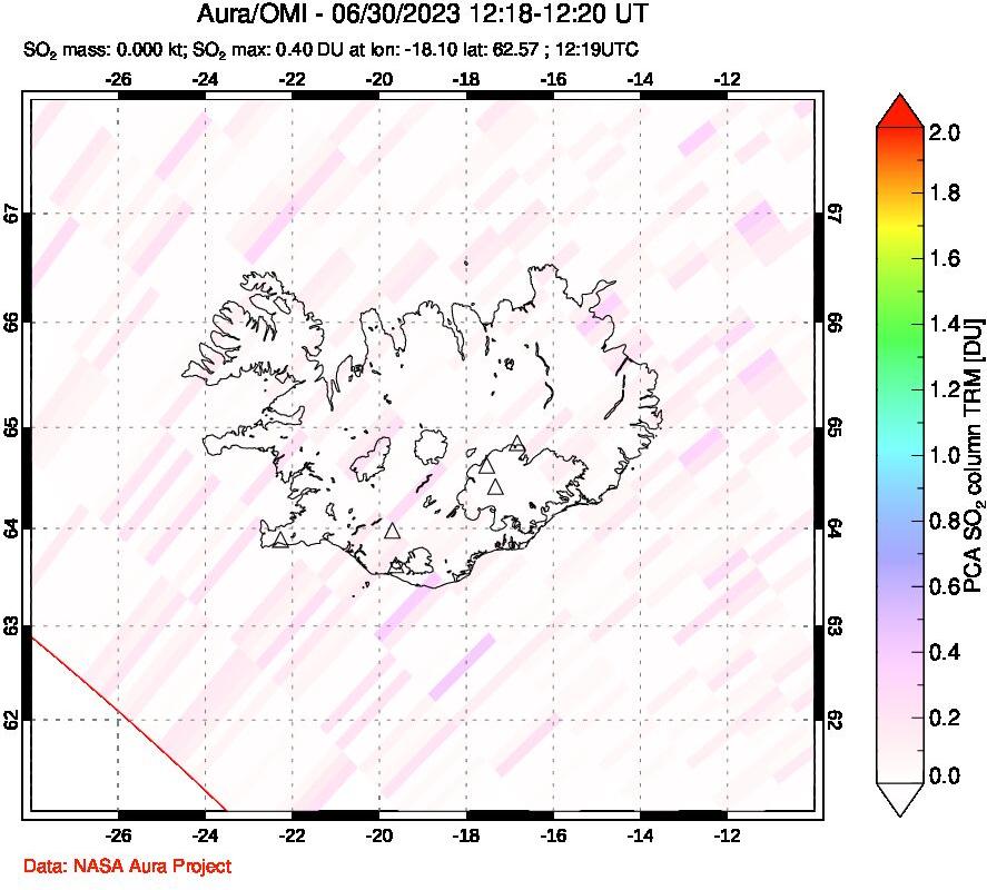A sulfur dioxide image over Iceland on Jun 30, 2023.