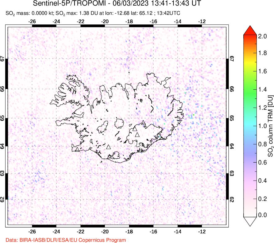 A sulfur dioxide image over Iceland on Jun 03, 2023.
