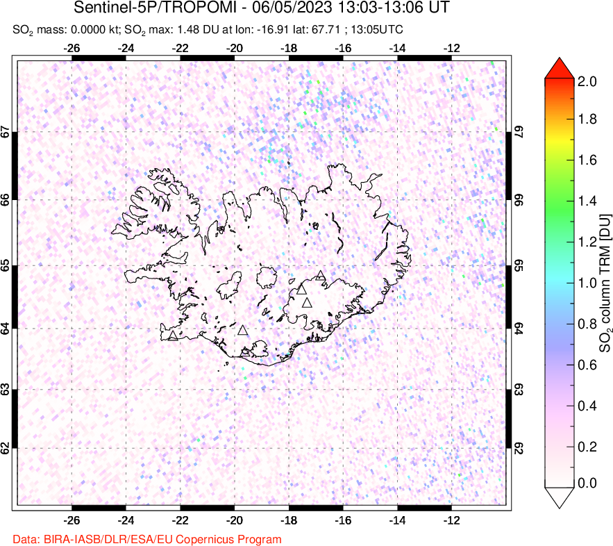 A sulfur dioxide image over Iceland on Jun 05, 2023.