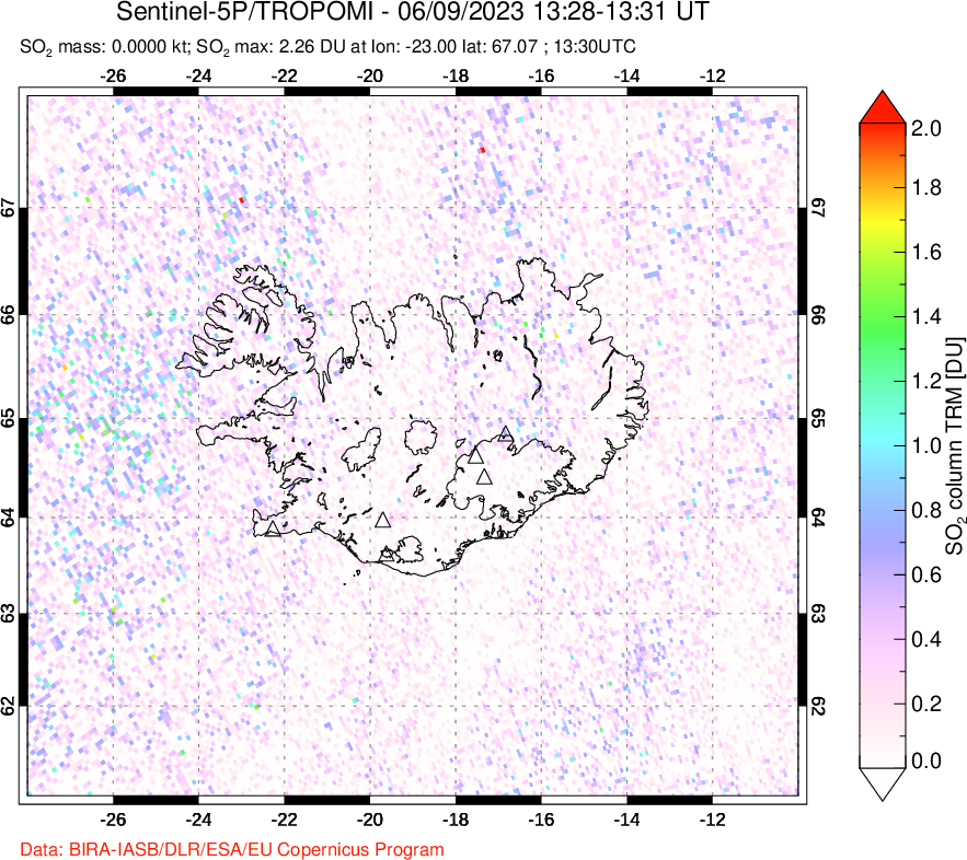 A sulfur dioxide image over Iceland on Jun 09, 2023.