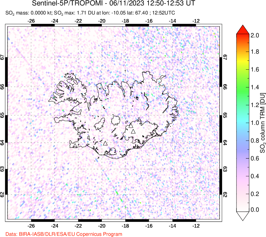A sulfur dioxide image over Iceland on Jun 11, 2023.