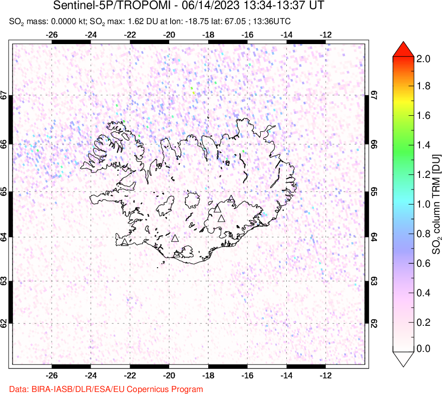 A sulfur dioxide image over Iceland on Jun 14, 2023.