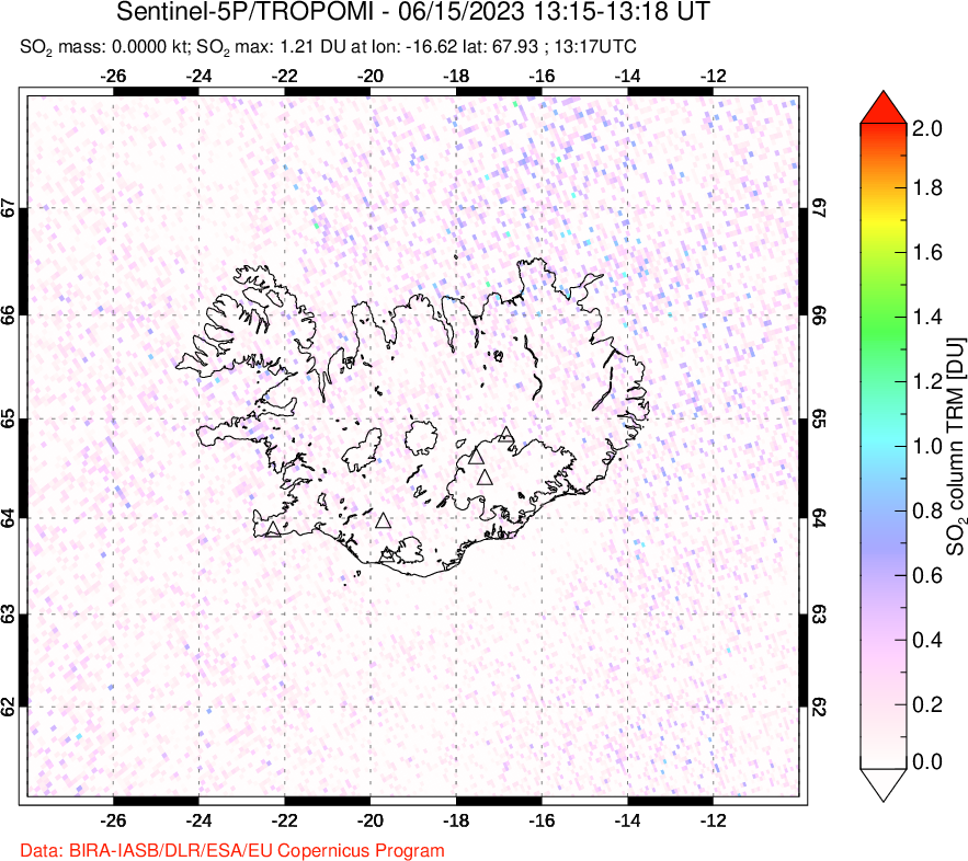 A sulfur dioxide image over Iceland on Jun 15, 2023.
