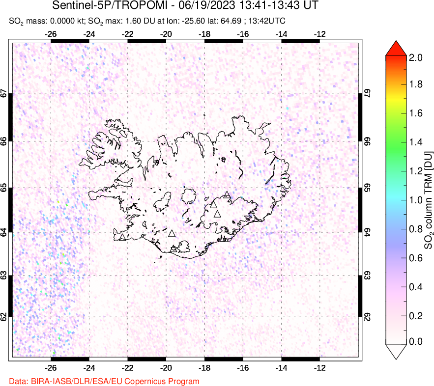 A sulfur dioxide image over Iceland on Jun 19, 2023.