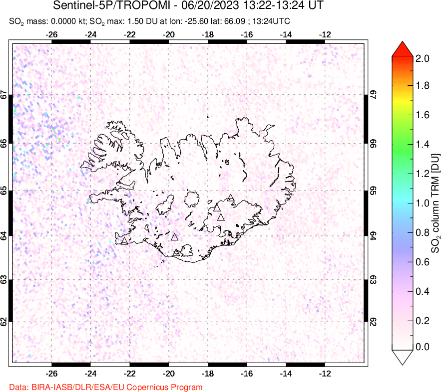 A sulfur dioxide image over Iceland on Jun 20, 2023.