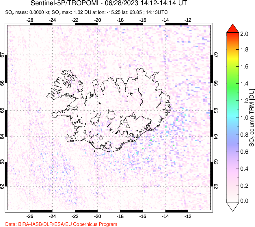 A sulfur dioxide image over Iceland on Jun 28, 2023.