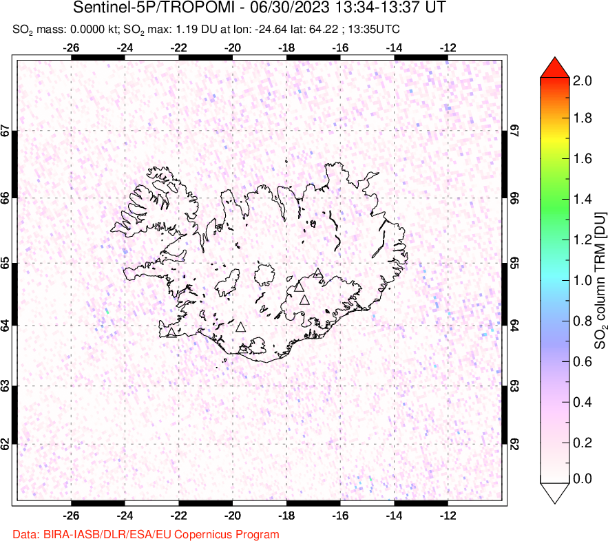 A sulfur dioxide image over Iceland on Jun 30, 2023.