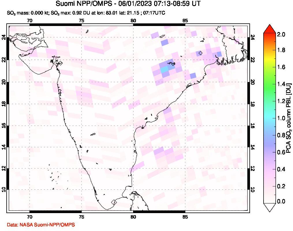 A sulfur dioxide image over India on Jun 01, 2023.