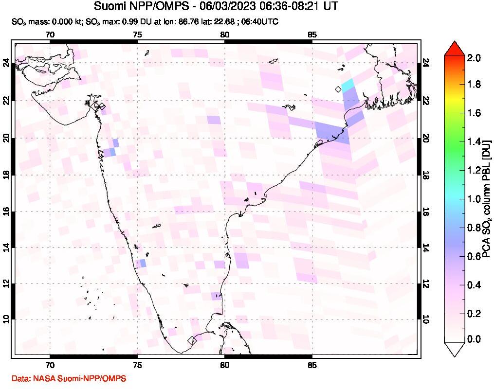 A sulfur dioxide image over India on Jun 03, 2023.