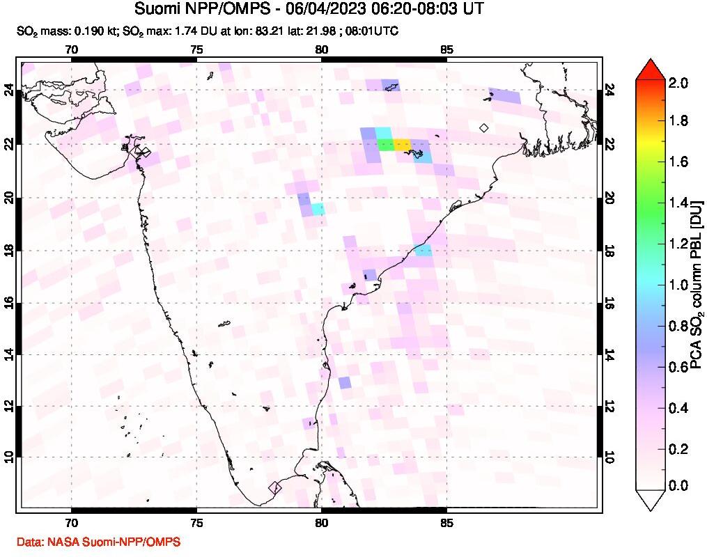 A sulfur dioxide image over India on Jun 04, 2023.