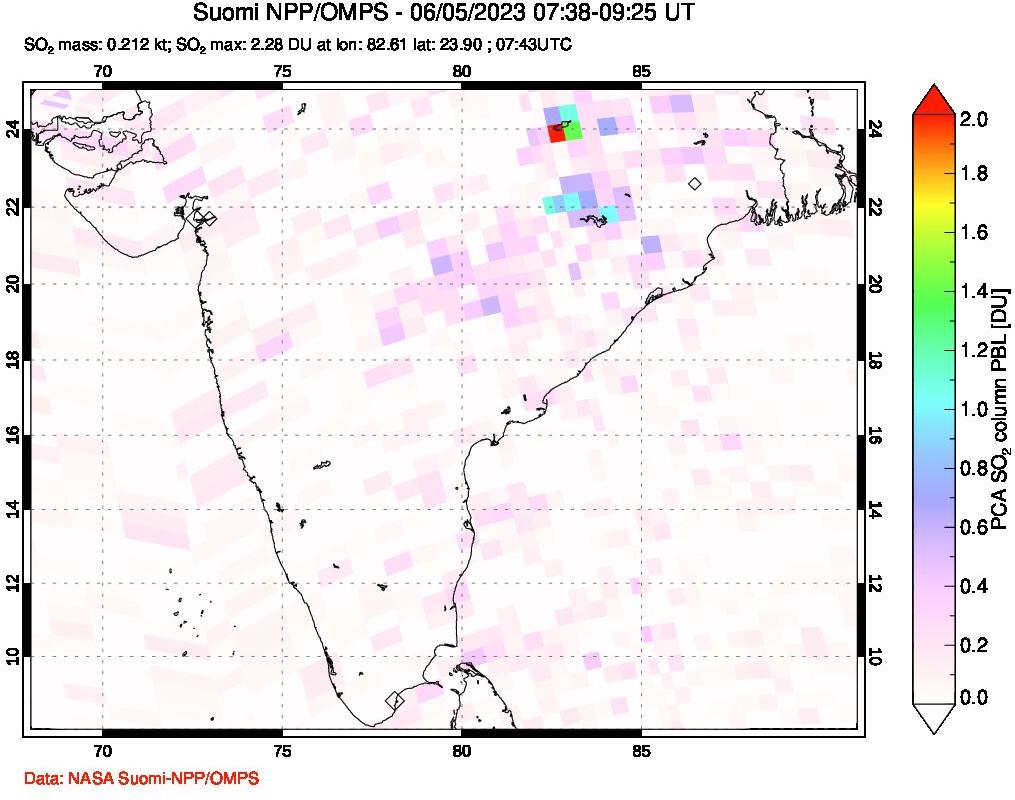 A sulfur dioxide image over India on Jun 05, 2023.