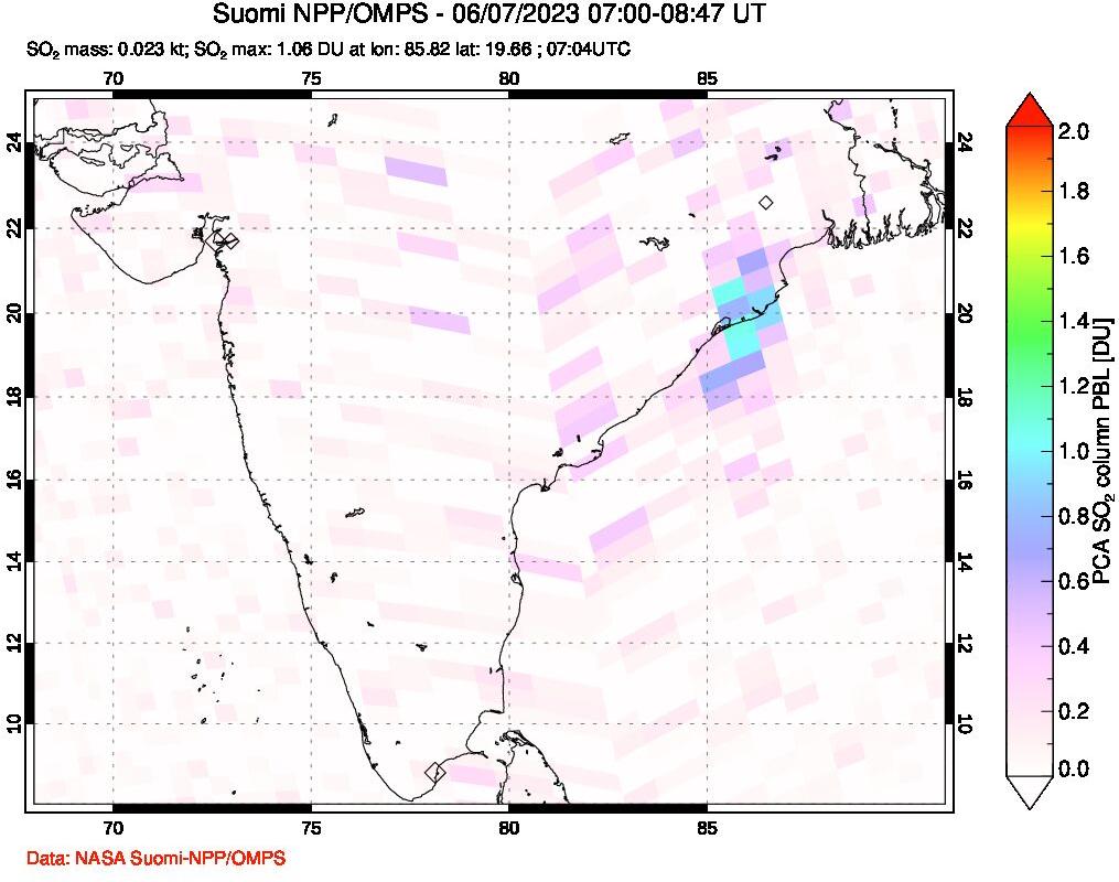 A sulfur dioxide image over India on Jun 07, 2023.