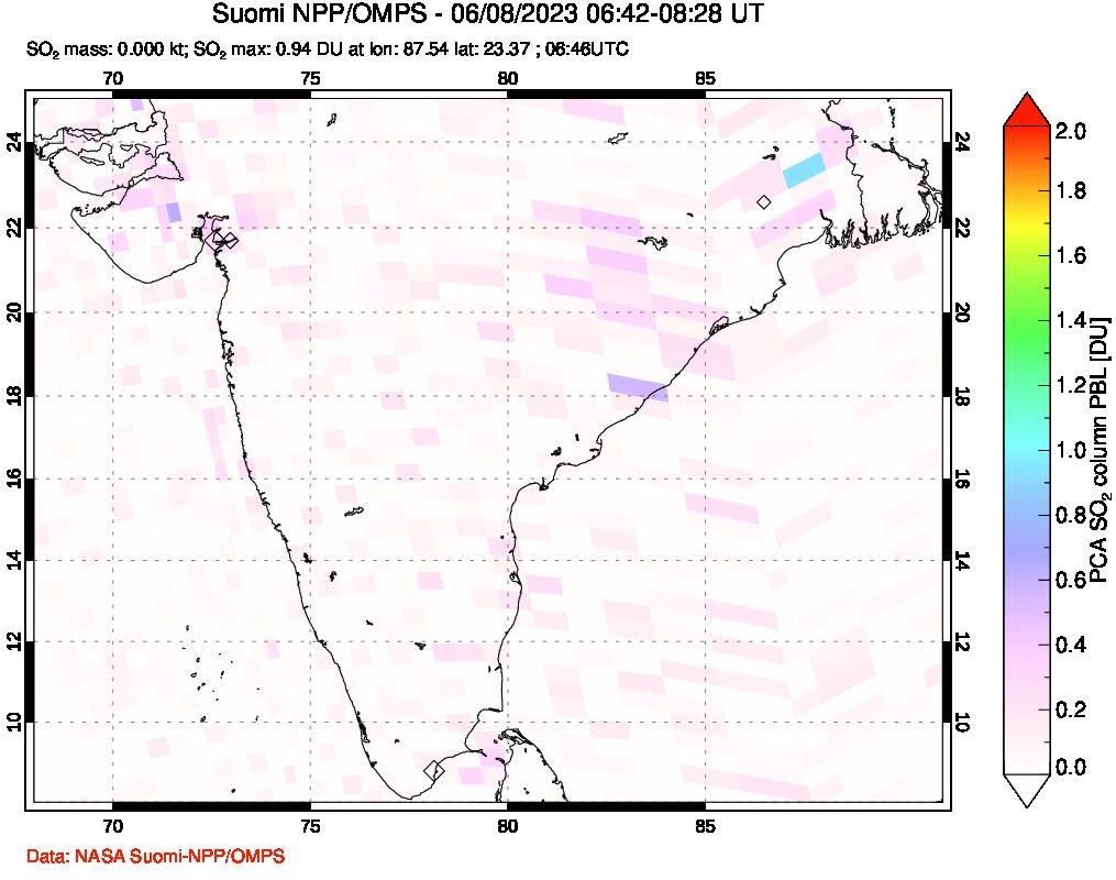 A sulfur dioxide image over India on Jun 08, 2023.