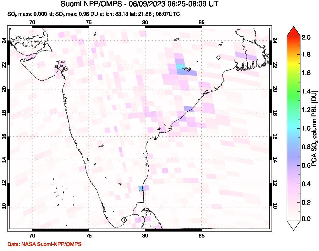 A sulfur dioxide image over India on Jun 09, 2023.