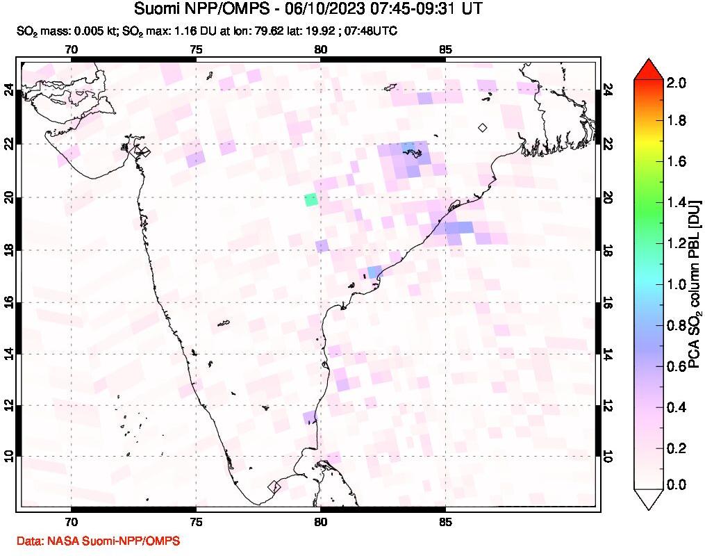 A sulfur dioxide image over India on Jun 10, 2023.