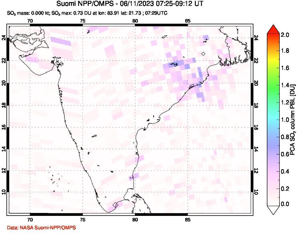 A sulfur dioxide image over India on Jun 11, 2023.
