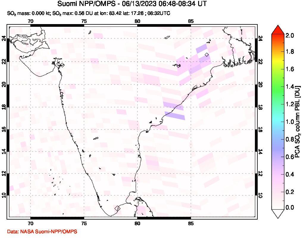 A sulfur dioxide image over India on Jun 13, 2023.