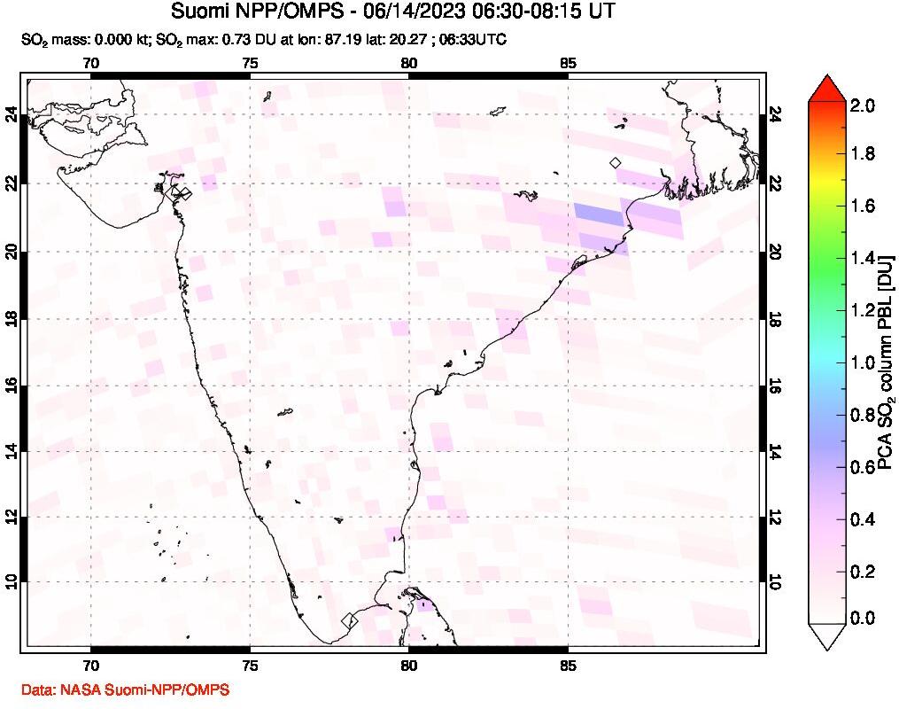 A sulfur dioxide image over India on Jun 14, 2023.
