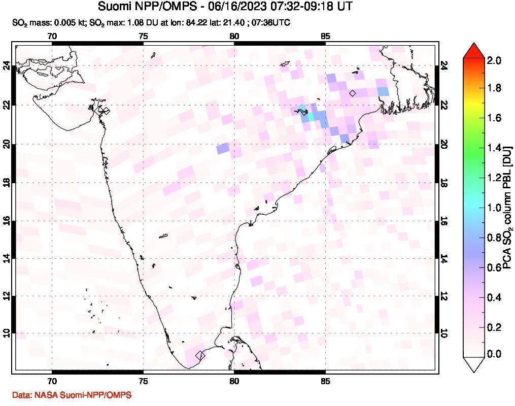 A sulfur dioxide image over India on Jun 16, 2023.
