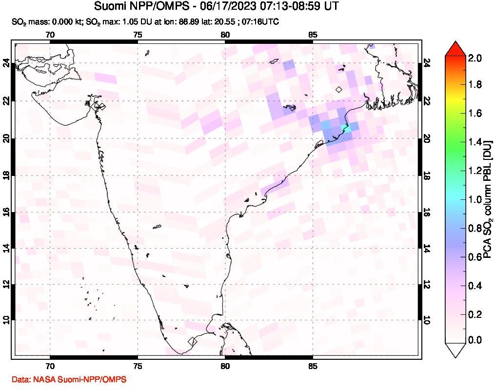 A sulfur dioxide image over India on Jun 17, 2023.