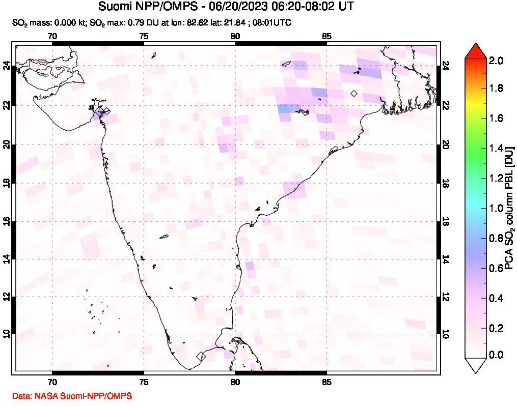 A sulfur dioxide image over India on Jun 20, 2023.