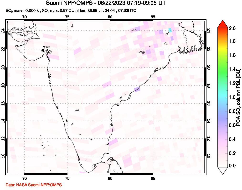 A sulfur dioxide image over India on Jun 22, 2023.