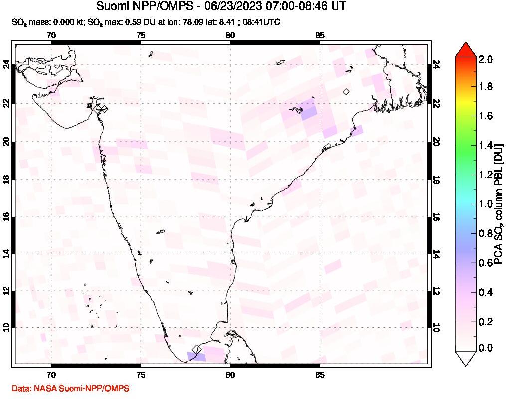 A sulfur dioxide image over India on Jun 23, 2023.