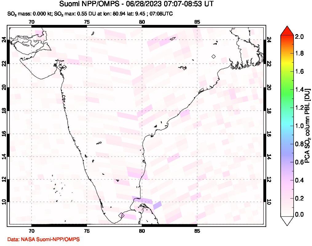 A sulfur dioxide image over India on Jun 28, 2023.