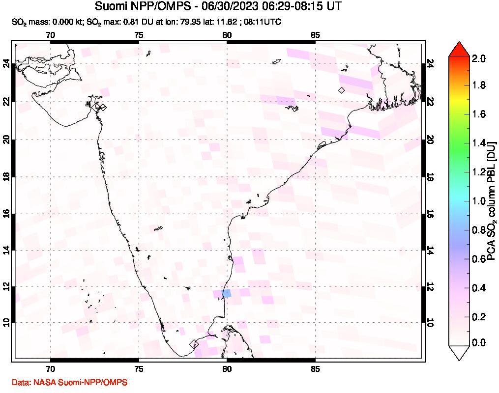 A sulfur dioxide image over India on Jun 30, 2023.