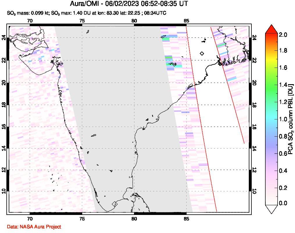 A sulfur dioxide image over India on Jun 02, 2023.
