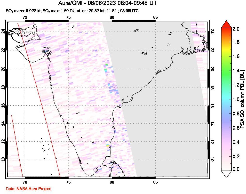A sulfur dioxide image over India on Jun 06, 2023.
