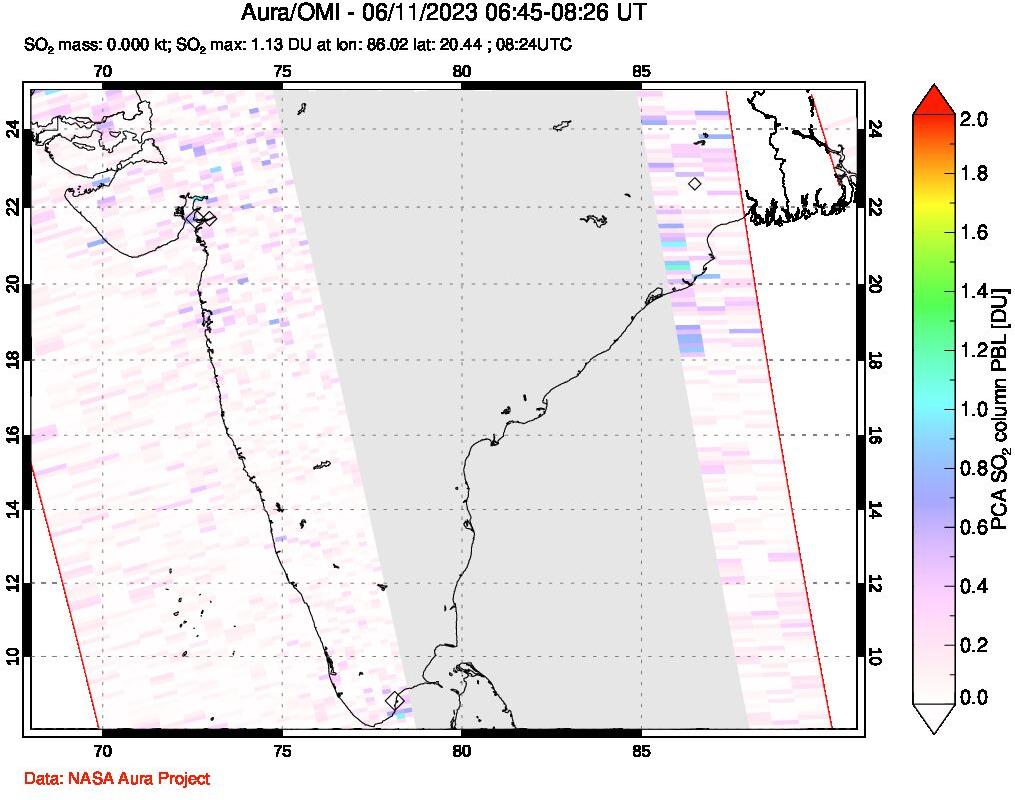 A sulfur dioxide image over India on Jun 11, 2023.