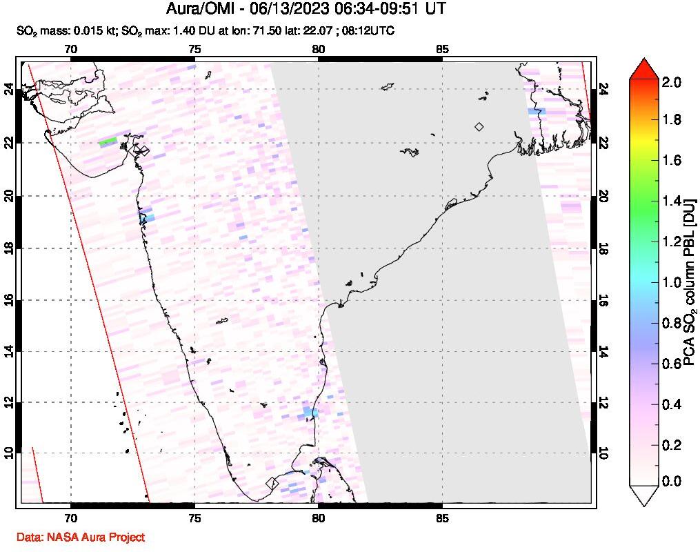A sulfur dioxide image over India on Jun 13, 2023.