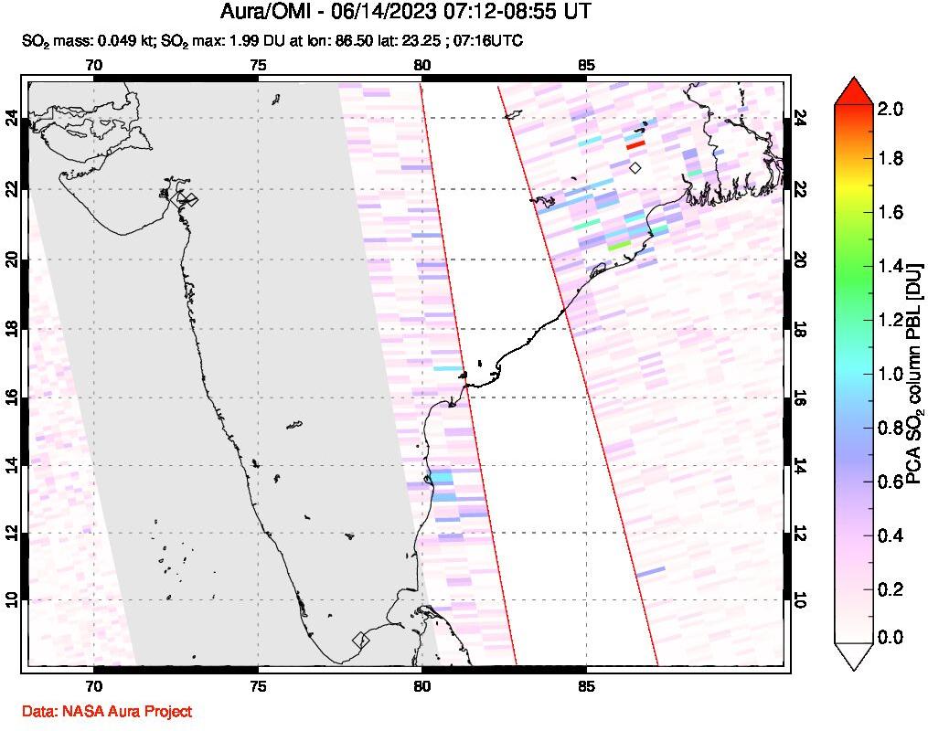 A sulfur dioxide image over India on Jun 14, 2023.