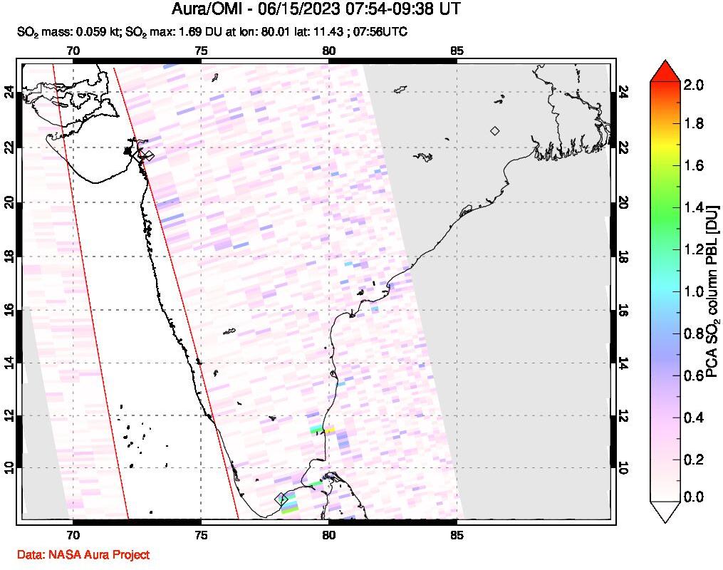 A sulfur dioxide image over India on Jun 15, 2023.