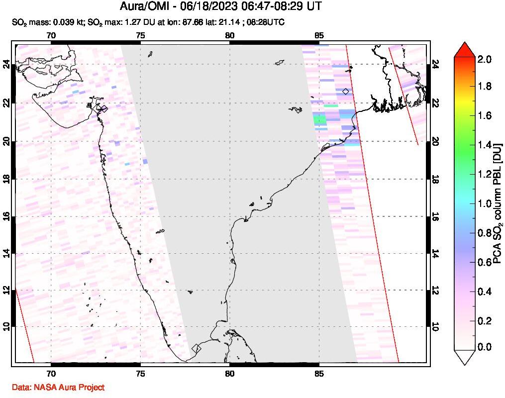 A sulfur dioxide image over India on Jun 18, 2023.
