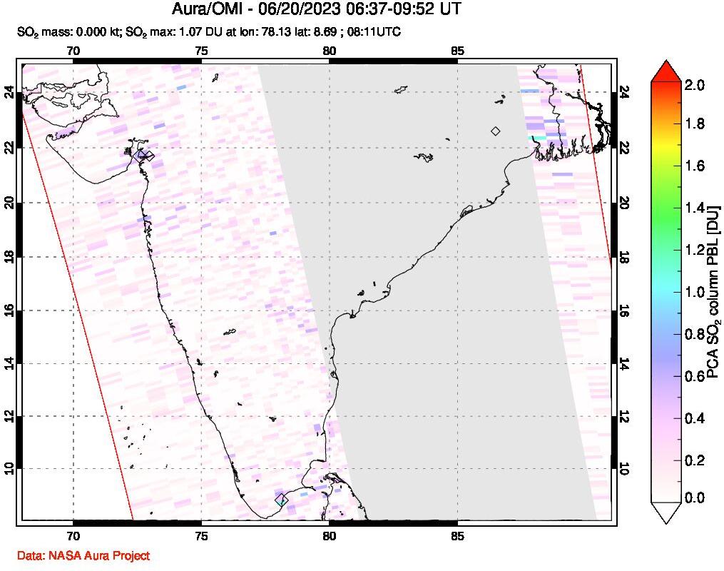 A sulfur dioxide image over India on Jun 20, 2023.