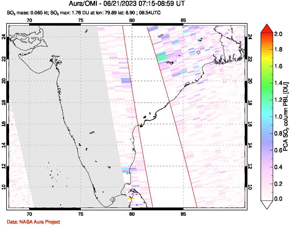 A sulfur dioxide image over India on Jun 21, 2023.