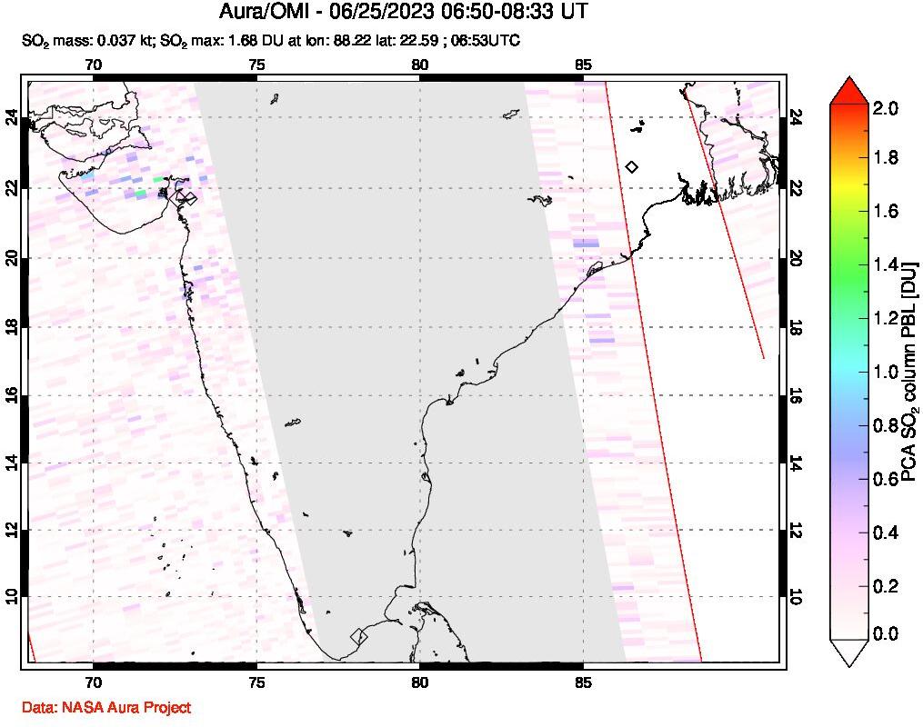 A sulfur dioxide image over India on Jun 25, 2023.