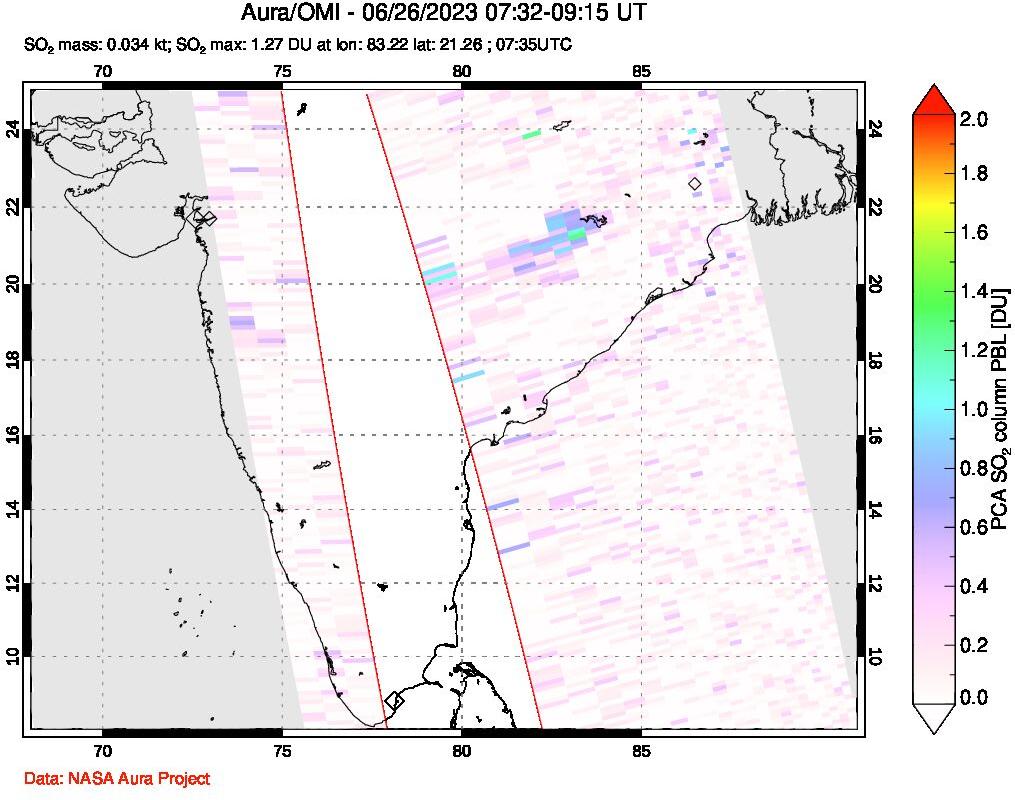 A sulfur dioxide image over India on Jun 26, 2023.