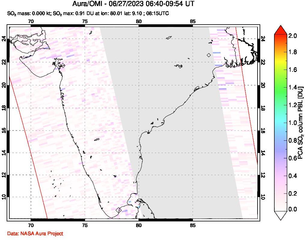 A sulfur dioxide image over India on Jun 27, 2023.
