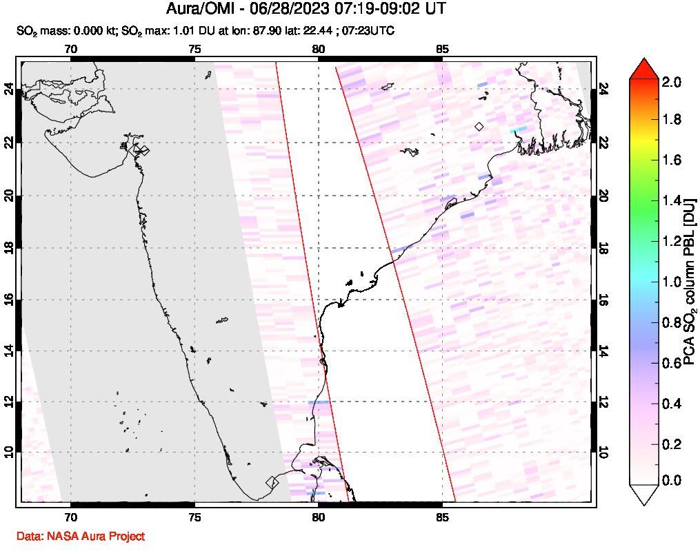 A sulfur dioxide image over India on Jun 28, 2023.