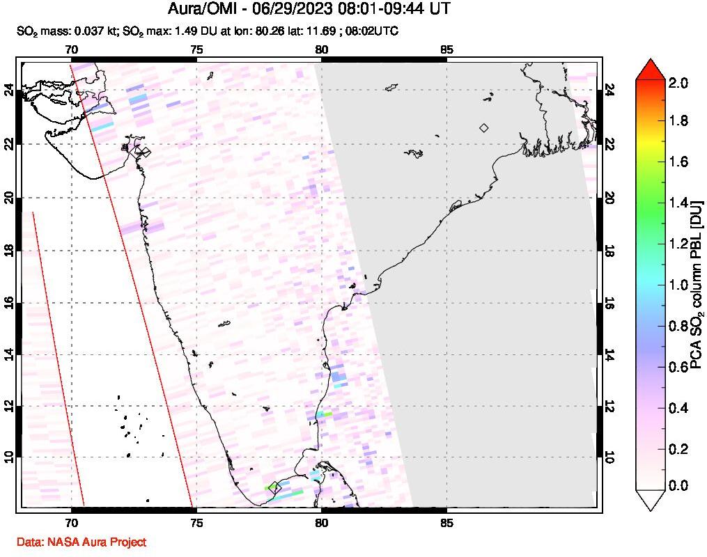 A sulfur dioxide image over India on Jun 29, 2023.