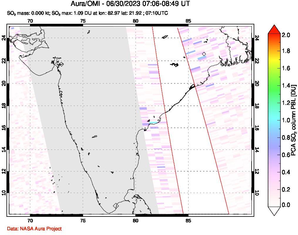 A sulfur dioxide image over India on Jun 30, 2023.