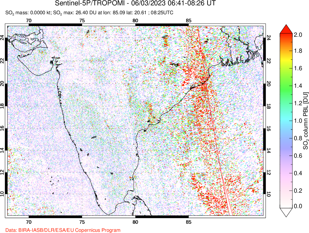 A sulfur dioxide image over India on Jun 03, 2023.