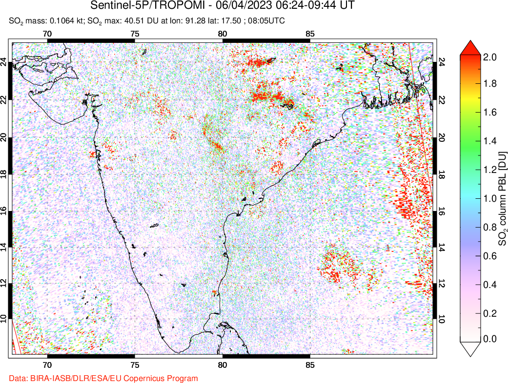 A sulfur dioxide image over India on Jun 04, 2023.