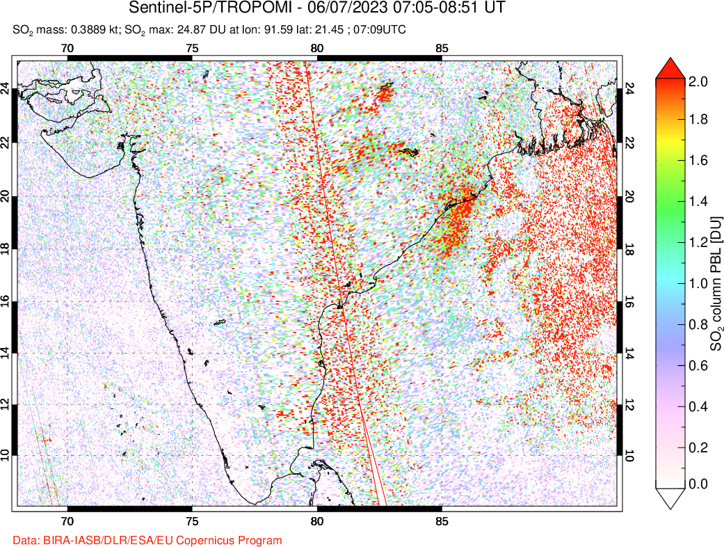 A sulfur dioxide image over India on Jun 07, 2023.