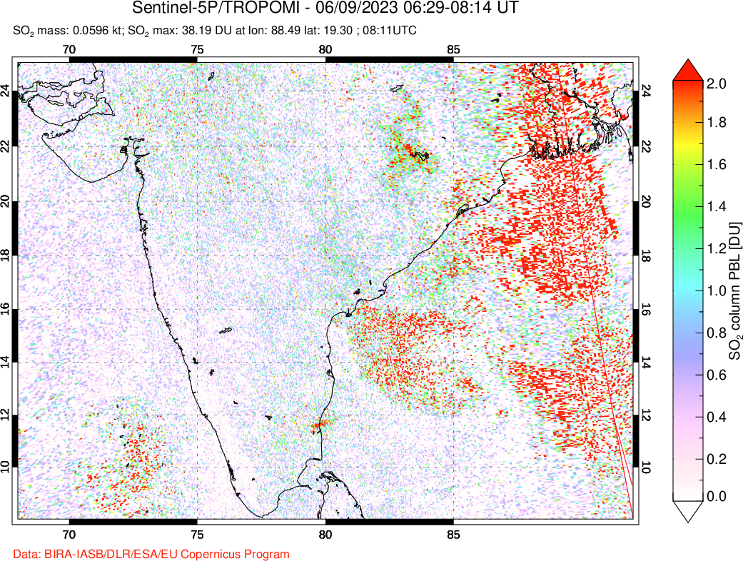 A sulfur dioxide image over India on Jun 09, 2023.