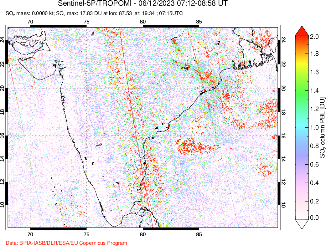 A sulfur dioxide image over India on Jun 12, 2023.