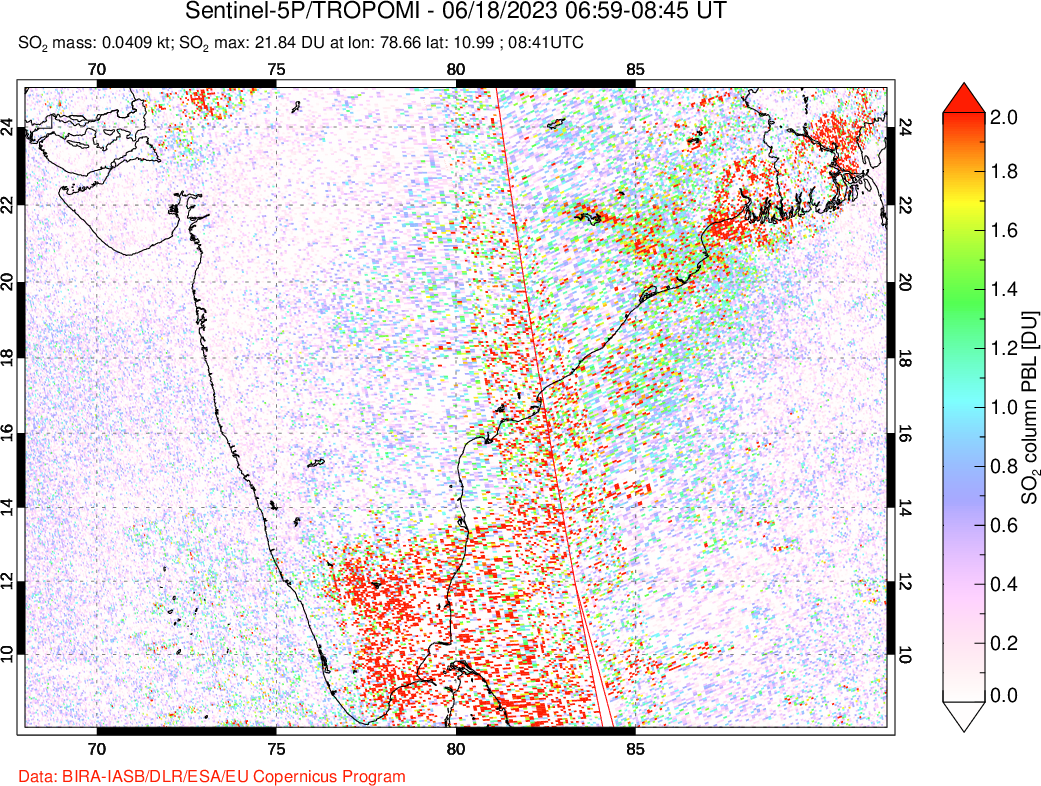 A sulfur dioxide image over India on Jun 18, 2023.